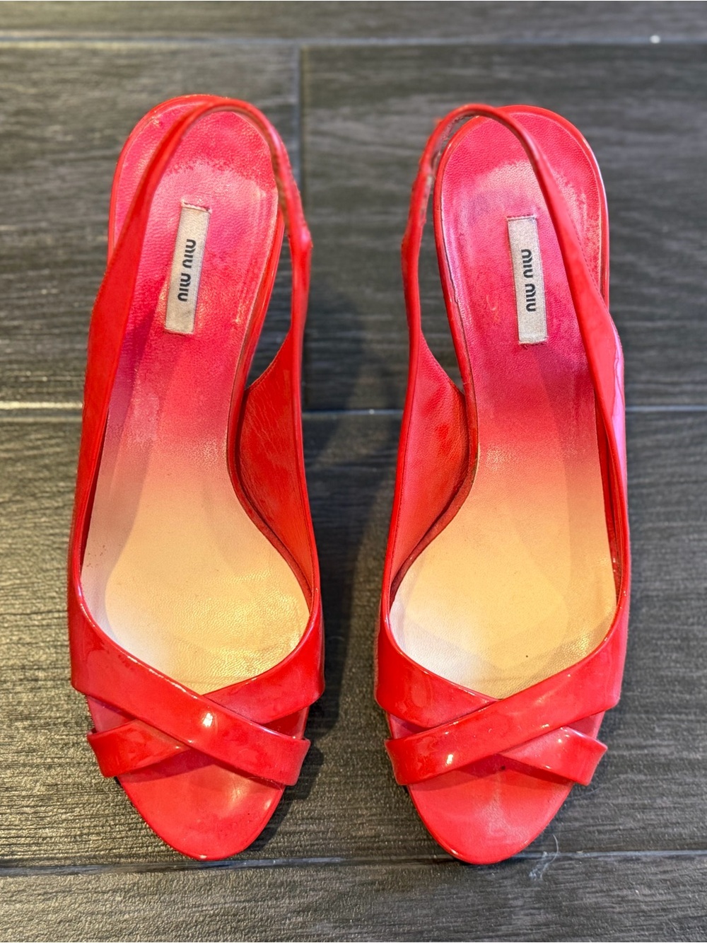 Miu Miu Red Patent Peep-Toe Slingback Heels